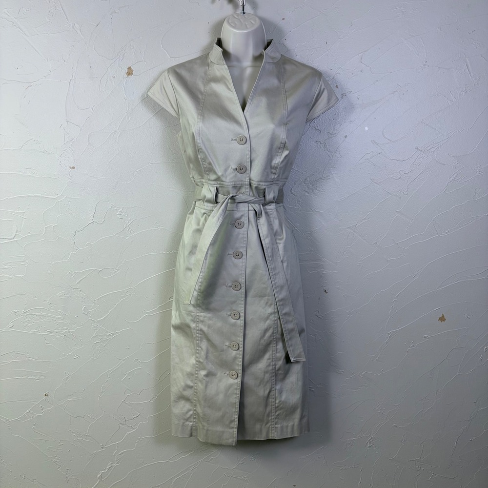 Calvin Klein Belted Button Front Dress Women 8 Tan Cotton Stretch Workwear Chic